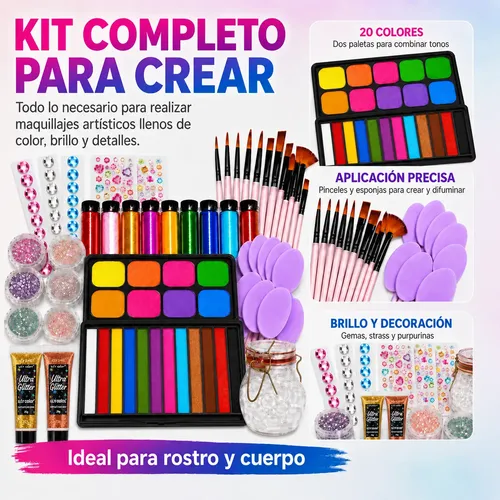 Face Paint 20 Colores, Glitter Y Pinceles Unagenia