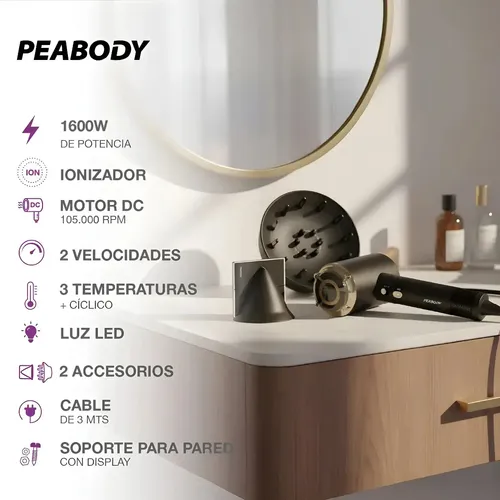 Secador De Pelo Peabody Spdc03d 1600w C/ Accesorios