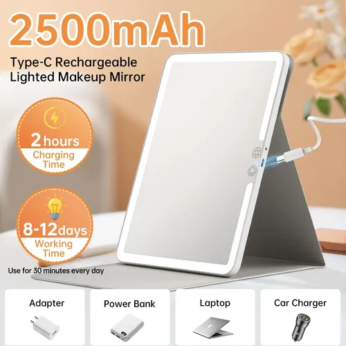 Espejo Maquillaje Funtouch Luz Led Recargable 9×7” Blanco