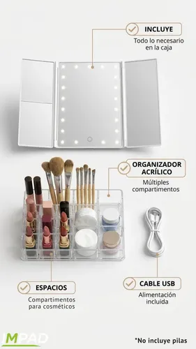 Espejo Maquillaje Led Con Organizador Aumento 2x 3x Plegable