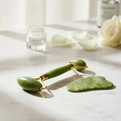 Jade Roller Masajeador Facial Y Piedra Gua Sha Set Verde