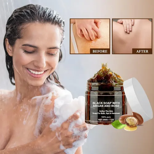 Jabón Negro Con Argán Y Rosa, Exfoliante Corporal