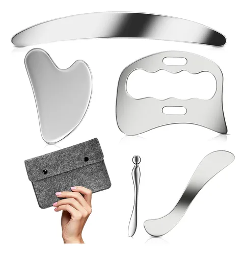 Kit 5 En 1 Gua Sha Acero Gris Para Masajes Y Terapia