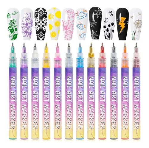 Set 12 Lapiceras Nail Art Para Diseño De Uñas Multicoloured