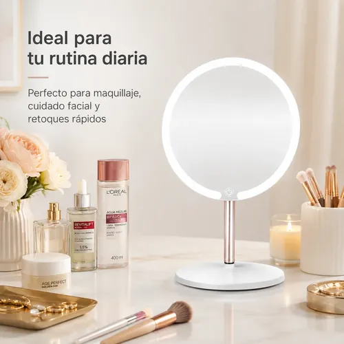 Espejo Maquillaje Led Redondo 21.5cm 3 Tonos Recargable