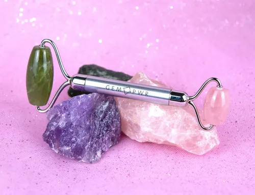 Rodillo Facial Gem Pwr Rose Quartz + Jade Con Mango De Acero