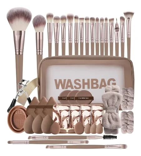 Set 47 Brochas Y Esponjas De Maquillaje Con Neceser Beige Marrón