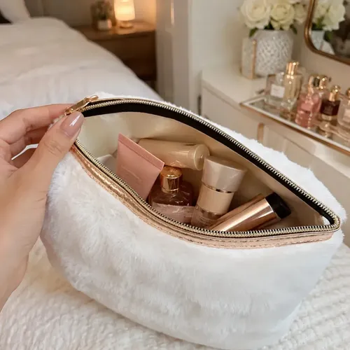 Neceser Porta Maquillaje Estilo Soft Plush Blanco Organizador Maquillaje Cosméticos Accesorios Objetos Personales Viajes