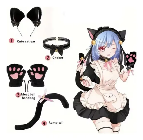 Set Accesorios Disfraz Gato Con Orejas Cola Guantes Y Co