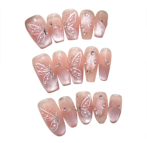 Uñas Postizas Rosa Brillante Estilo Ojo De Gato