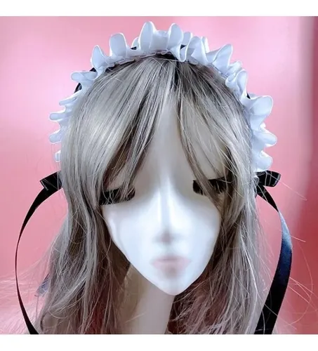 Diadema Plisada Con Lazo Para Mujer, Accesorio De Cosplay Pa White And Black
