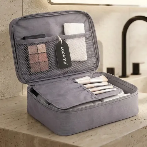 Neceser de viaje Gris | portacosmético necessaire organizador de cosméticos | bolso neceser de tela lavable e impermeable | porta maquillaje para maleta y cartera mujer regalo