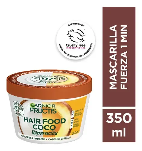 Garnier Fructis Hair Food Mascarilla Capilar Tratamiento 3 en 1 Reparador para Cabello Dañado y Seco, con Coco, Fórmula Vegana de 98% Origen Natural, Sin Siliconas, 350 ml