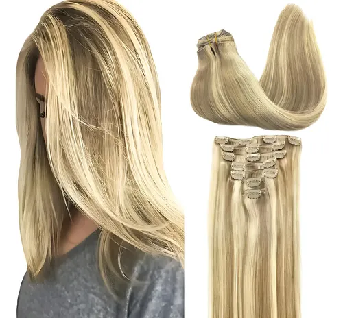 Extensiones de Cabello Natural 7 Piezas Rubio Con Clips