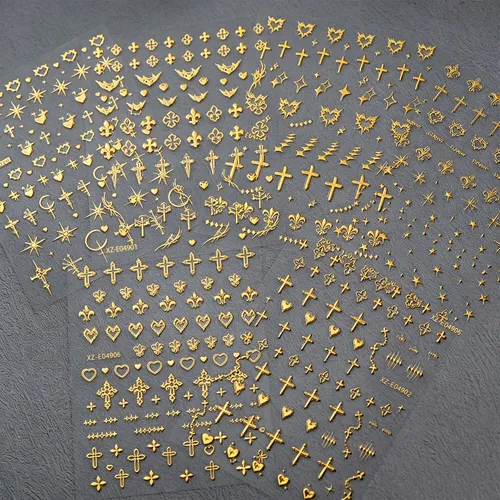 Stickers Uñas 3d Dorados Cruz Estrella Luna X6