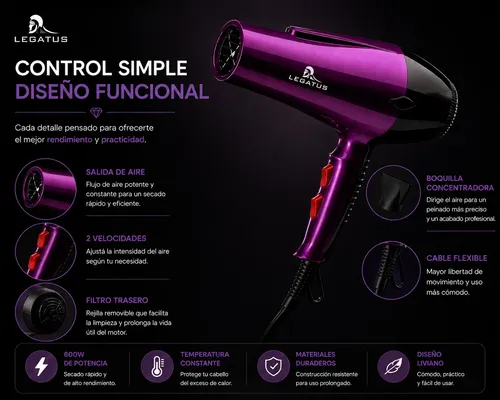 Secador De Cabello 600w Con Aire Frio Y Caliente Ionico Pro