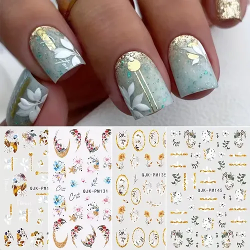 4 Hojas Calcomanías Para Uñas Flores Doradas