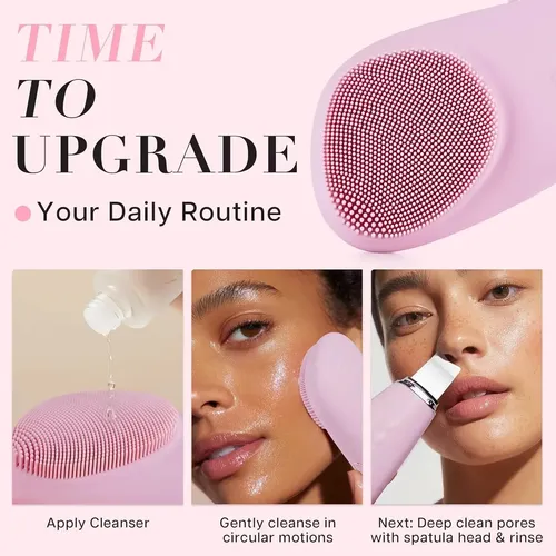 Limpiador facial 2en1 Cepillo Silicona Y Espátula Ultrasonic Electric Puntos Negros Recargable Rosa