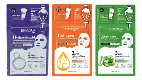 Set De Mascarillas Faciales Bioaqua X 3 Aloe-colageno-hialu