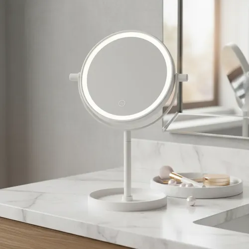 Espejo Redondo De Pie Con Luz Led Fría Para Maquillaje