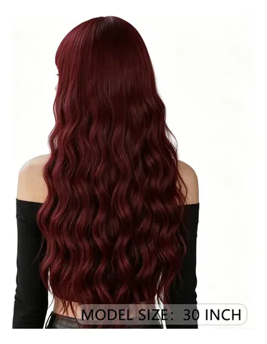 Peluca Larga Ondulada Con Flequillo Mujer Burgundy M