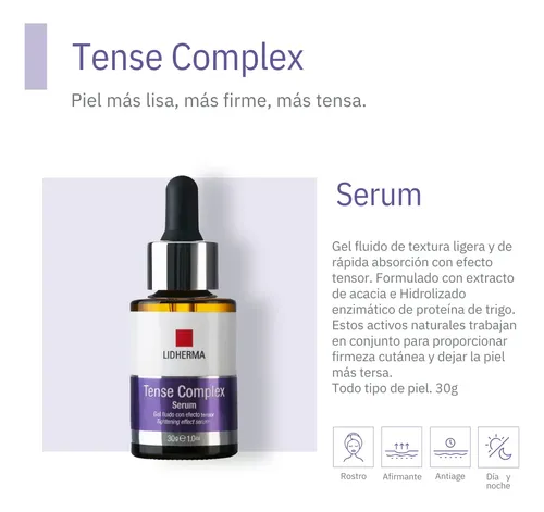 Tense Complex Serum Tensor Afirmante Flacidez Lidherma Momento de aplicación Día/Noche Tipo de piel Todo tipo de piel