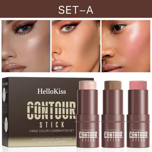Hellokiss Set 3 Barra Contorno Iluminador Rubor Facial Larga