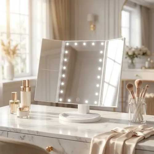 Espejo Maquillaje Giratorio 22 Led 3 Aumentos Usb Bateria Blanco Triple Tactil Led Luz 3 Paneles Plegable Portatil Iluminacion Perfecta