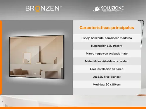 Espejo Premium Luz Led Trasera Horizontal Negro 60 X 80 Cm