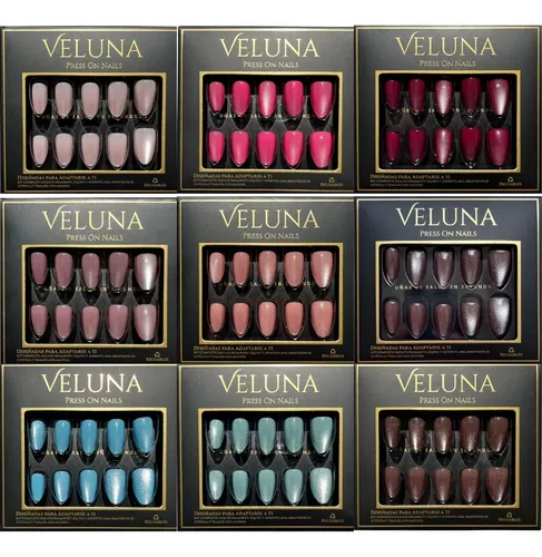 Uñas Press On Veluna – Almendras Cortas 32u – Ojo De Gato Color Rojo Perlado Ojo De Gato