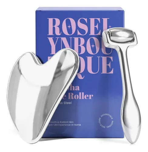 Set Gua Sha Y Rodillo Facial Acero Inoxidable Roselyn