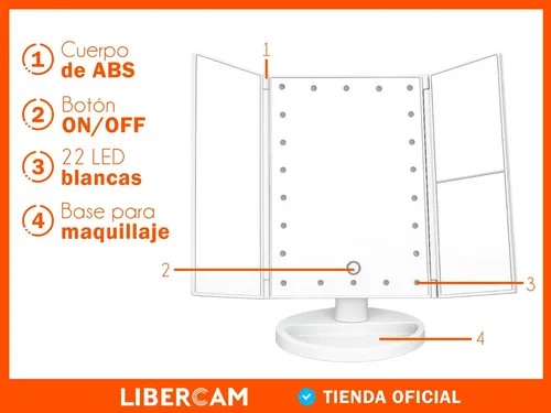 Espejo Maquillaje 22 Led 3 Aumentos Luz Blanca LIBERCAM ESP-50 Usb Bateria Color Blanco