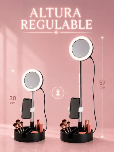 Espejo Portatil Maquillaje Luz Led 3 Tonos Altura Regulable