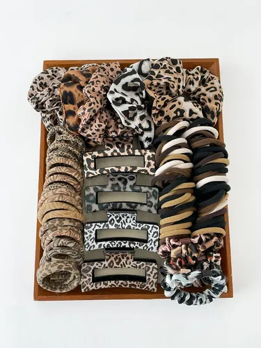 124 Pinzas Y Ligas De Pelo Con Estampado De Leopardo Para Mu