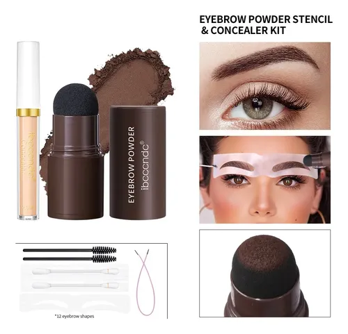 Kit Maquillaje Cejas Polvo, Brocha, 12 Plantillas, Corrector