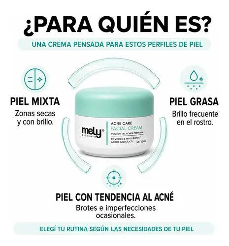 Crema Facial Mely Acne Care Ácido Salicílico Té Verde 50g Acneica Día/noche