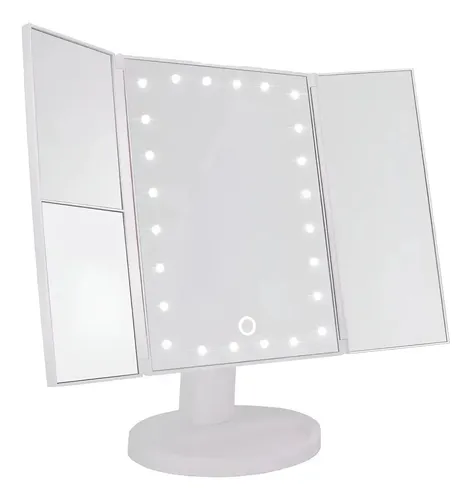 Espejo Maquillaje Mtl Tríptico Iluminación Led Portátil Base Reforzada Visión Amplia Detallada Diseño Moderno Elegante Color Blanco Ideal Rutinas Belleza Cuidado Facial Tocador Baño Dormitorio