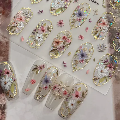 Pegatinas Para Uñas Con Foil Dorado Y Diseño De Flores