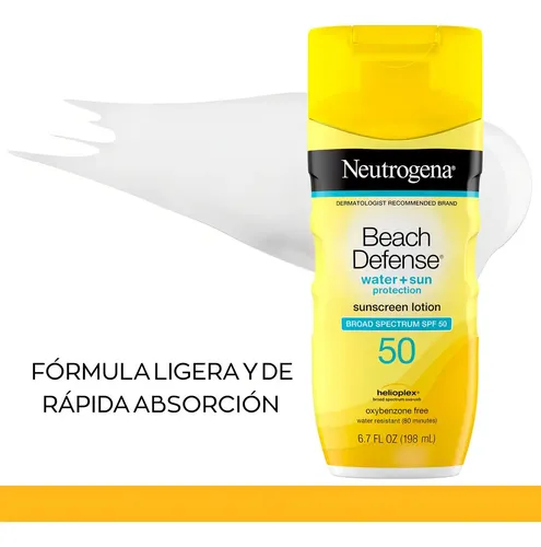Neutrogena Beach Defense Protector Solar SPF50 198ml Locion Corporal Amplio Espectro Helioplex Resistente Al Agua Para Playa Alberca Deporte Sol Cuerpo Piel Hidratada Uso Diario UVA UVB Proteccion UVA
