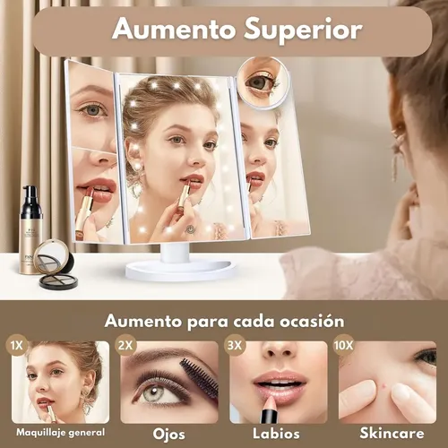 Espejo Tríptico LED Norcel para Maquillaje con Luz Regulable y Aumentos