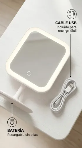 Espejo Mtl De Mesa Rectangular Con Luz Led Portátil Diseño Moderno Minimalista Blanco Maquillaje Profesional Cuidado Personal Tocador Dormitorio Baño Iluminación Natural Precisa Elegante Compacto