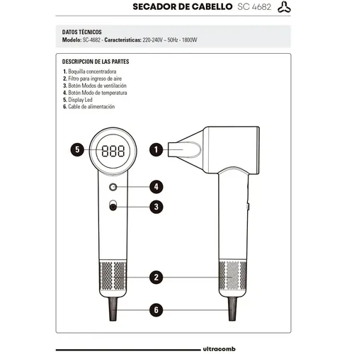 Secador De Cabello Ultracomb Sc-4682 Smart Care Ion 1800w