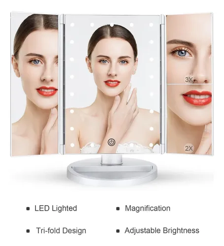 Espejo Para Maquillaje Triptico Con Aumento Y Luz Led Plata