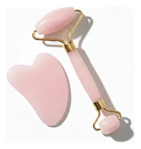 Set Rodillo Y Gua Sha Facial Rosa Para Drenaje Linfático