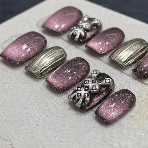 Uñas Postizas Press On Cortas Decoradas 3d Ojo De Gato Y2k