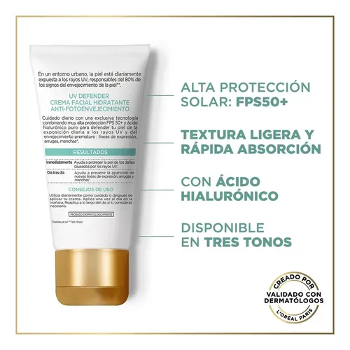 Protector Solar facial L’Oréal Paris UV Defender Antibrillo FPS50+ sin color x40ml