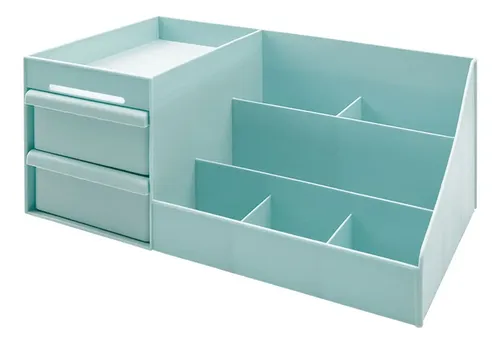 Organizador de Maquillaje con 2 Cajones para Escritorio Celeste