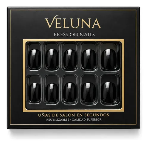 Uñas Press On Cortas Veluna Soft Gel Redondeadas Reutilizables – Negro