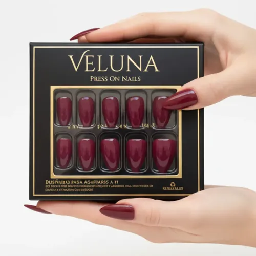 Uñas Press On Veluna Almendras 32u Cortas Reutilizables Kit Bordó Vino