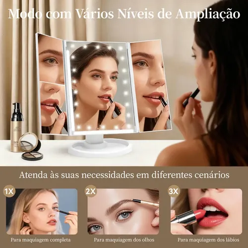 Espejo de Maquillaje Plegable con Triple LED y Aumento 3X para Maquillaje de Rostro, Recargable por USB, con Base Organizadora de 180°